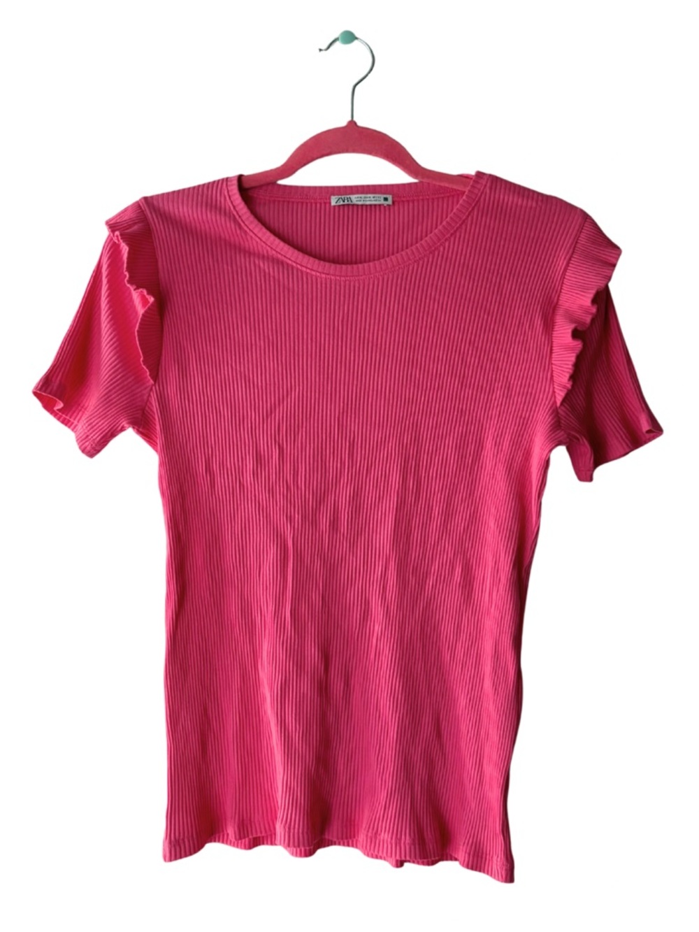 Zara Hot Pink Ribbed Ruffle Sleeve Tee